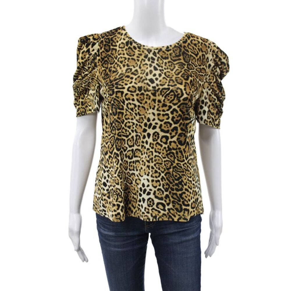 Generation Love Women Beige Animal Print Jersey Blouse Short Sleeve Size M